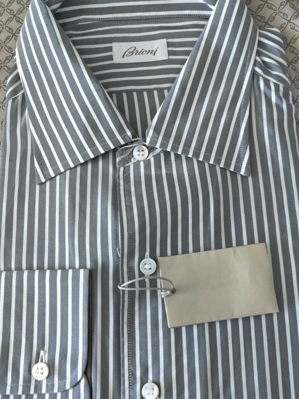 NWT $750 BRIONI Pure 100% Silk Gray White Striped Shirt 2XL Made in Italy